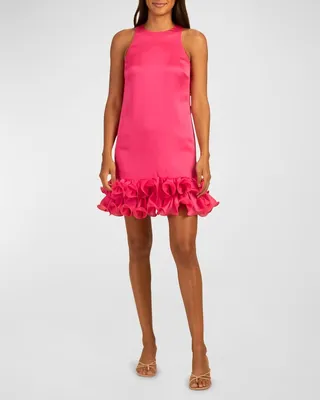 Feather Sleeveless Ruffle-Hem Mini Dress