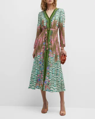 Lea Button-Front Printed Midi Silk Shirtdress
