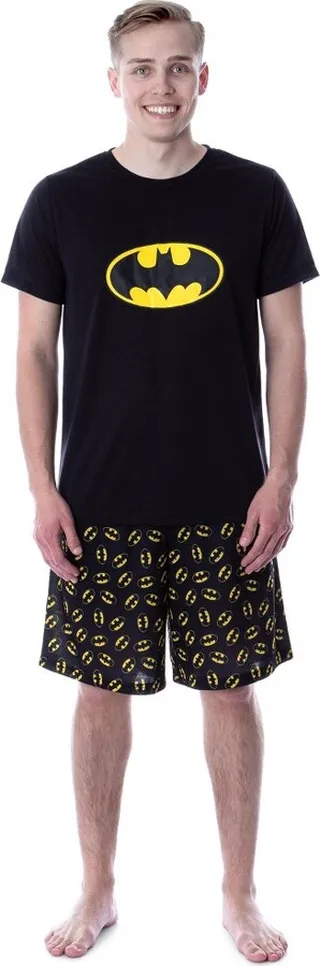 DC Comics Mens' Batman Logo Short Sleeve Shirt Pajama Short Set (Large) Black