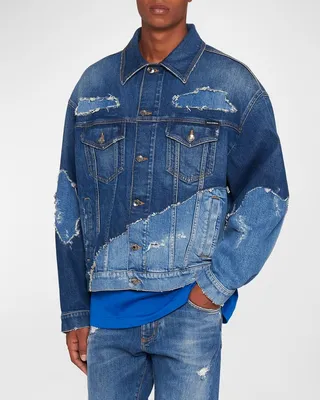 Men's Distressed Patched Denim Jacket