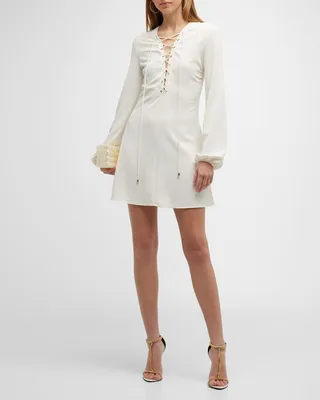 Lace-Up Crepe Blouson-Sleeve Mini Dress