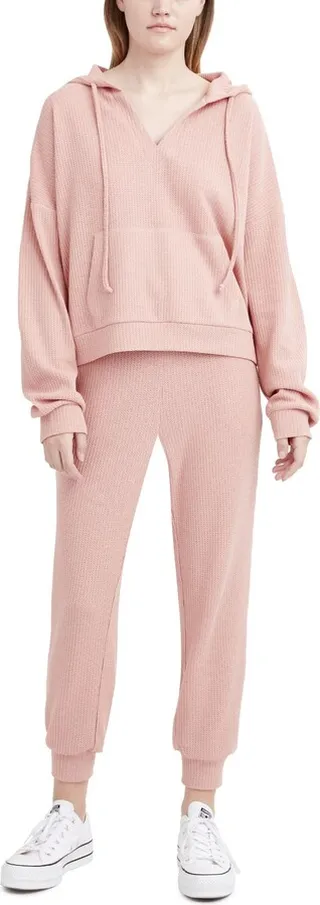Womens Waffle Knit Hooded Tunic Top
