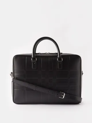 Check-embossed Leather Briefcase