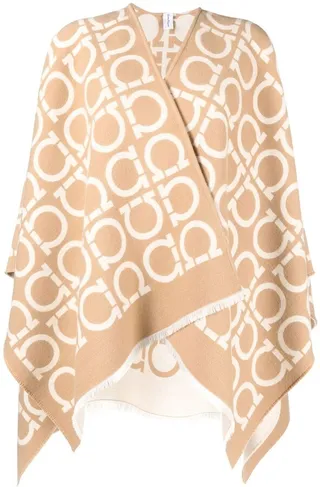 Monogram-Pattern Wool Poncho