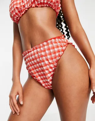 ASOS DESIGN seersucker high waist bikini bottom in red