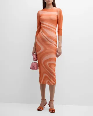 Swirl-Print Tulle Midi Dress