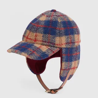 Check wool blend hat with ear flaps