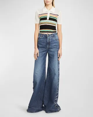 Striped Crochet Crop Polo Shirt