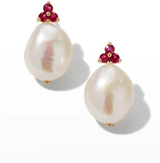 Baroque Pearl Ruby Cluster Earrings