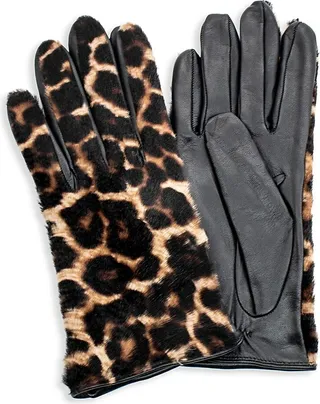 Leather & Leopard Print Pony Hair Calf Tech Gloves