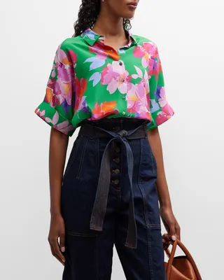 Nadine Floral Print Silk Button-Front Shirt