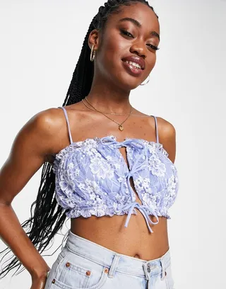 Miss Selfridge lace ruched cami top in blue