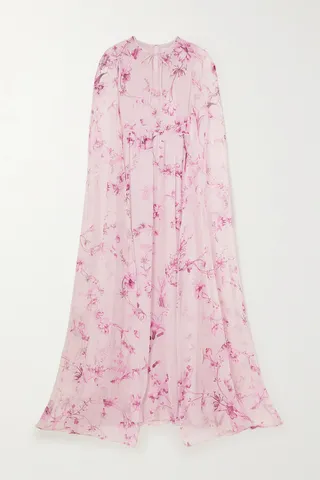 Erdem - Kenley Cape-effect Floral-print Silk-voile Gown - Pink