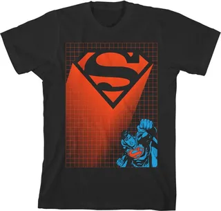 Superman Orange Logo Grid Lines Boy’s Black T-shirt-Large