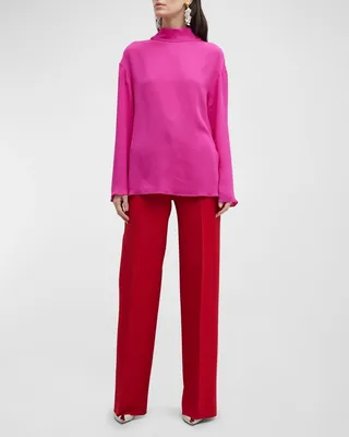Silk Turtleneck Blouse with Draped Back Detail
