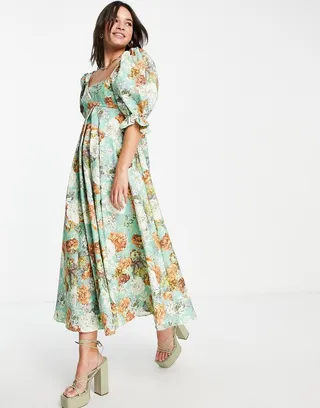 ASOS EDITION empire midi dress with full skirt in green floral print