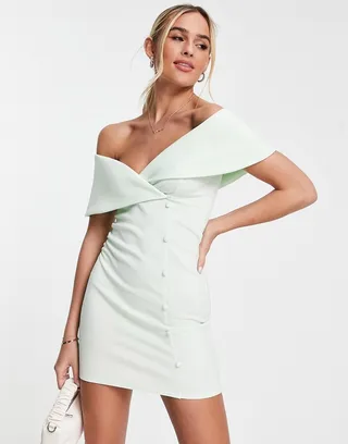 ASOS DESIGN off shoulder button detail mini dress in mint