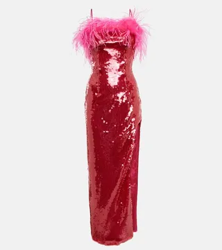 Sequined feather-trimmed gown