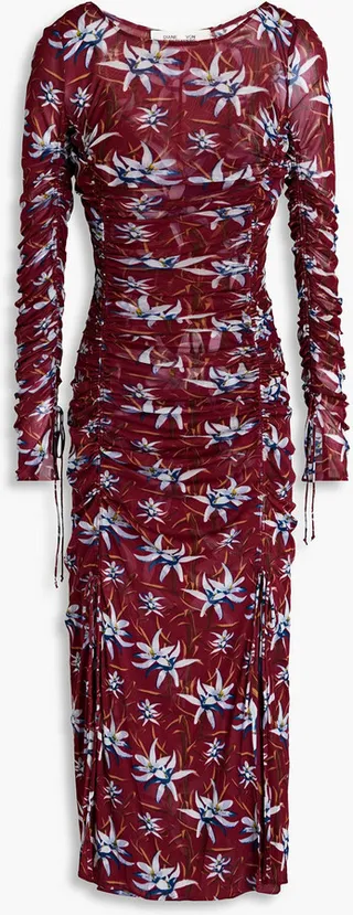 Corinne ruched floral-print mesh midi dress