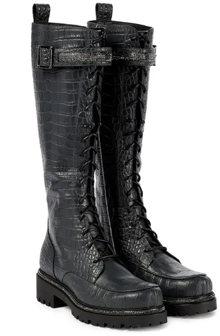Embellished croc-effect combat boots