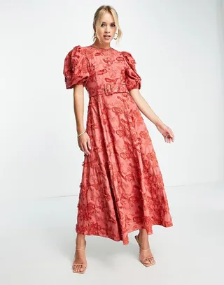 ASOS DESIGN belted midi skater dress in textured jacquard in rust