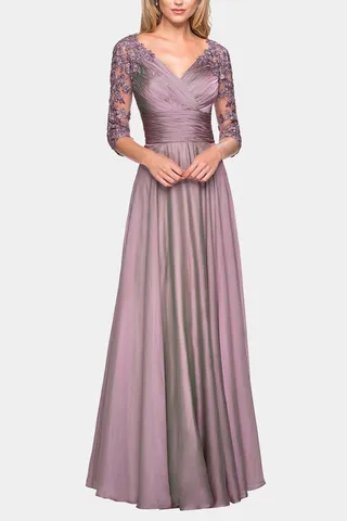 Floor Length Chiffon Dress Lace Sleeves