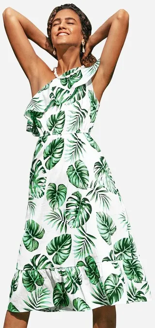 Women's Tropical One Shoulder Ruffle Midi Dress - Cupshe-Green-XS