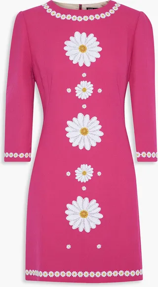 Floral-appliquéd wool-crepe mini dress