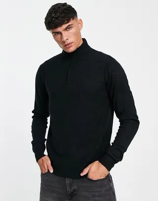 Threadbare soft touch quarter zip funnel neck sweater in black