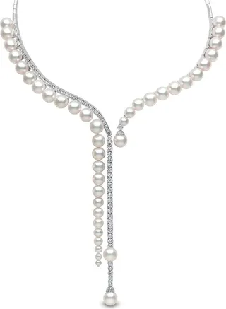 18kt white gold Waterfall pearl and diamond necklace