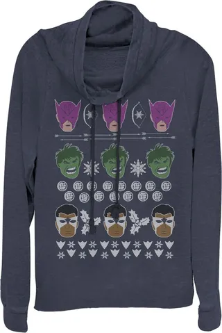 Junior's Marvel Ugly Christmas Avengers Cowl Neck Sweatshirt - Navy Blue - X Small