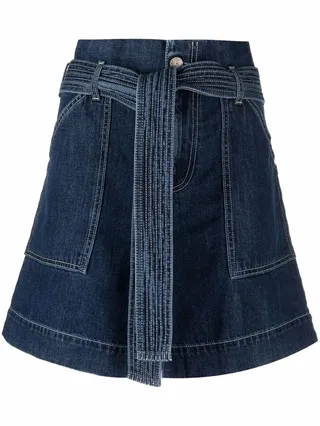 Tied-Belt Paperbag-Waist Denim Shorts