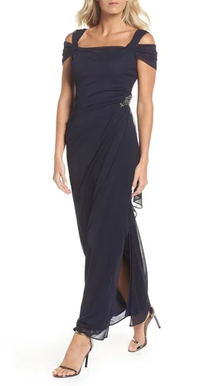 Embellished Cold Shoulder Column Gown