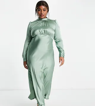 ASOS DESIGN Curve high neck maxi satin tea dress in forest green