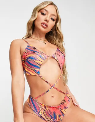 I Saw It First tie front swimsuit in bright print
