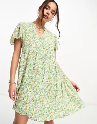 JDY v neck mini dress in yellow & green ditsy floral print