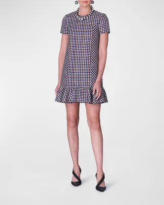 Check Tweed Ruffle-Hem Mini Shift Dress
