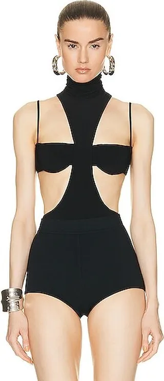 LaQuan Smith Cut Out Mock Neck Bodysuit in Black