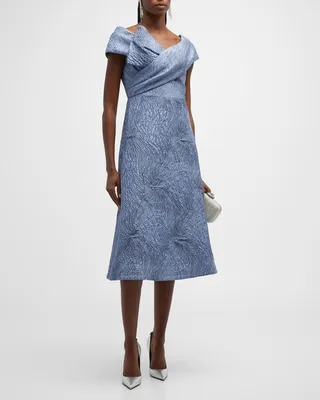 Off-Shoulder Bow-Front Jacquard Midi Dress