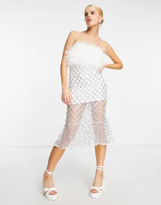 Amy Lynn bardot faux fur midi dress with silver chain skirt