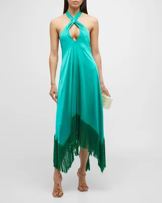 Ali Cutout Fringe-Hem Halter Maxi Dress