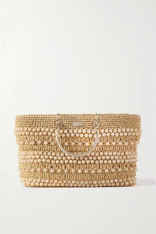 Jimmy Choo - Bon Bon Leather-trimmed Beaded Raffia Tote - Neutrals