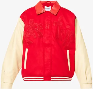 Womens Racing Red And Dune Take A Trip Text-embroidered Woven Bomber Jacket