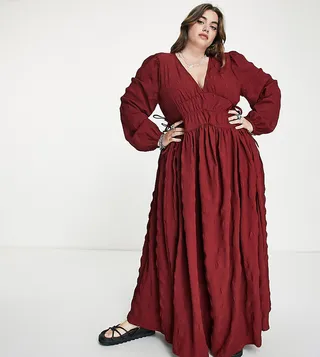 ASOS DESIGN Curve gathered waist maxi dress in seersucker in burnt rust