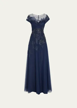 Beaded Applique Ruched Tulle Gown