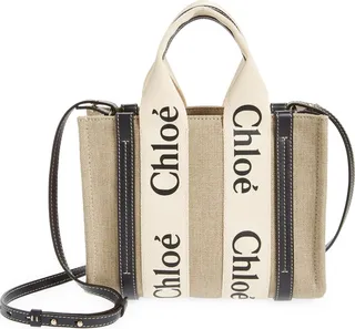 Small Woody Logo Strap Linen Tote