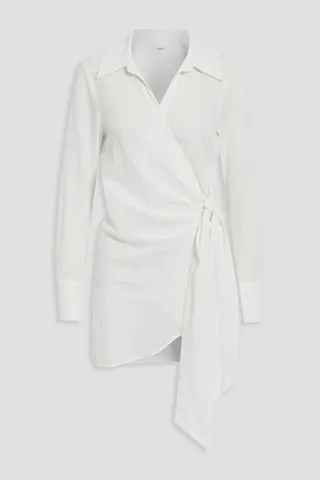Cotton-blend seersucker wrap blouse