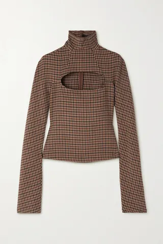 A.W.A.K.E. MODE - Cutout Checked Jersey Turtleneck Top - Brown