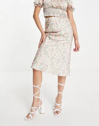 Miss Selfridge satin bias midi skirt coord in rose print