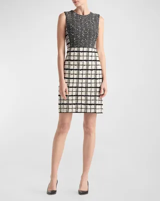 Bonded Multi Slub Plaid Tweed Knit Mini Dress